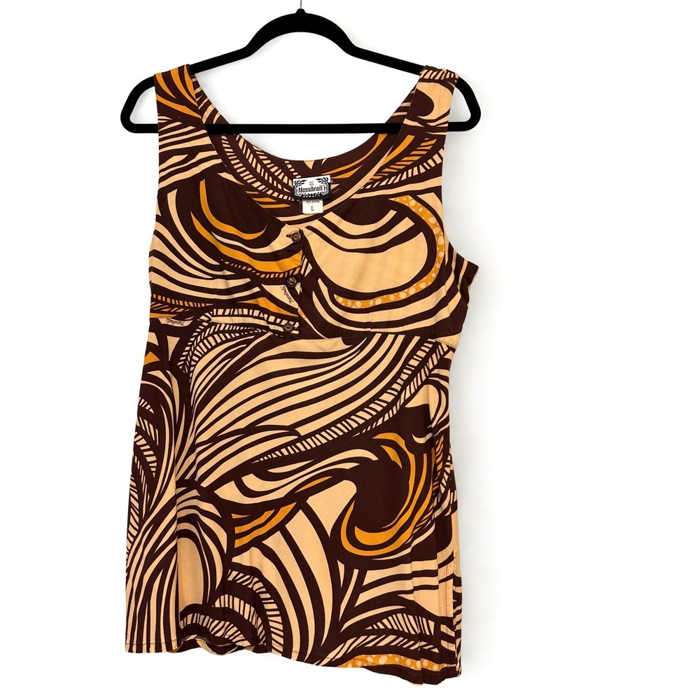 Manuheali'i Hawaii Brown Abstract Print Rayon V-Neck‎ Sleeveless Top Large